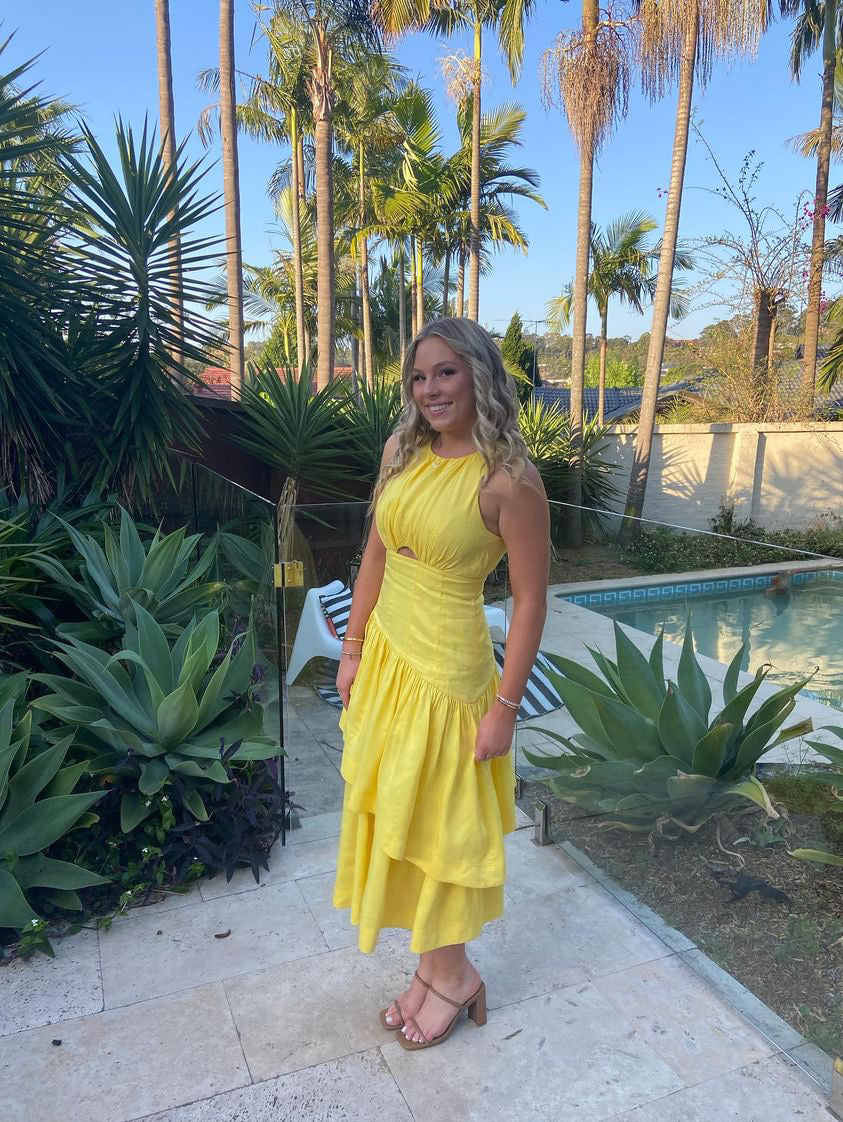 AJE Caliente Tiered Cut Out Dress Yellow