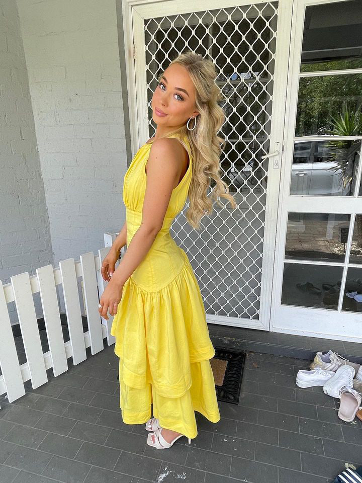 AJE Caliente Tiered Cut Out Dress Yellow