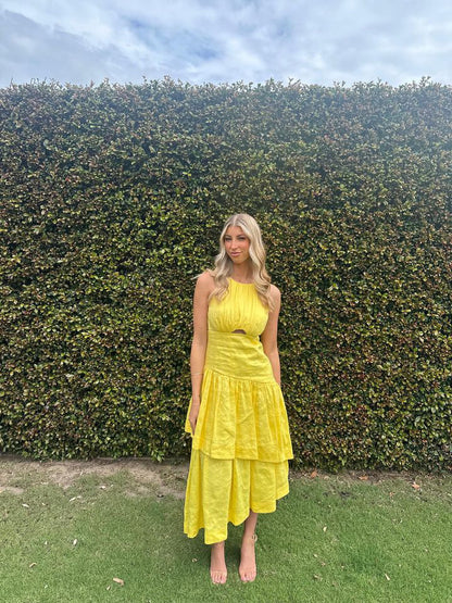 AJE Caliente Tiered Cut Out Dress Yellow